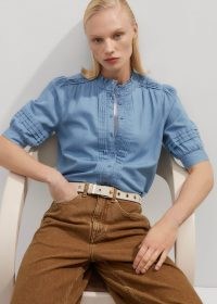 me and em Chambray Blouse in Blue Cotton ~ lightweight denim ruffle and pleat detail blouses