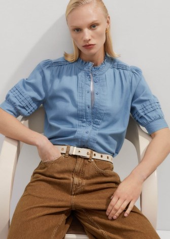 me and em Chambray Blouse in Blue Cotton ~ lightweight denim ruffle and pleat detail blouses