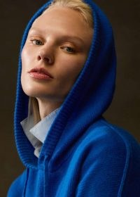 me and em Luxe Cashmere Curved Hem Hoody in Sapphire Cashmere ~ women’s luxury blue dip hem pullover hoodies