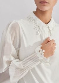 me and em Daisy Embroidered Edge Layering Blouse in Cream Mixed-Media Jersey ~ feminine sheer sleeve floral detail blouses