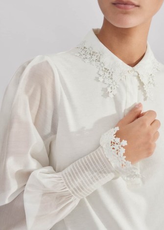 me and em Daisy Embroidered Edge Layering Blouse in Cream Mixed-Media Jersey ~ feminine sheer sleeve floral detail blouses