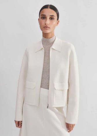 me and em Milano Knit Zip-Through Jacket in Cream Responsibly Sourced Merino Wool + Cotton ~ women’s chic collared zip up jackets