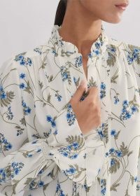 me and em Silk Forget-Me-Not Print Swing Blouse in Cream/Blue/Multi ~ feminine floral shirred cuff high ruffle neck blouses