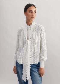 me and em Cotton Broderie Blouse + Tie in Soft White Cotton + Broderie Lace ~ feminine cut out blouses with an optional neck tie