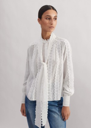 me and em Cotton Broderie Blouse + Tie in Soft White Cotton + Broderie Lace ~ feminine cut out blouses with an optional neck tie