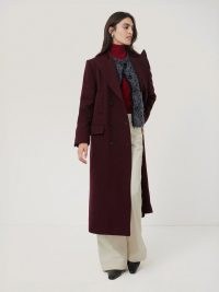 JIGSAW Wool Double Breasted Overcoat in Burgundy ~ womens dark red longline coats