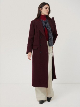 JIGSAW Wool Double Breasted Overcoat in Burgundy ~ womens dark red longline coats