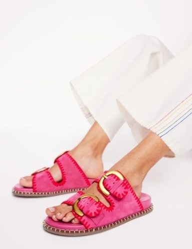 BODEN Alberta Footbed Sandal in Festival Pink/Post Box Red ~ women’s bright pink stitch detail sandals ~ womens buckled slides