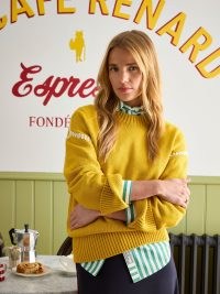 JOULES Alexandra Yellow Blanket Stitch Jumper | women’s boxy fit drop shoulder jumpers | womens round neck wide sleeve sweater