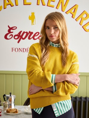 JOULES Alexandra Yellow Blanket Stitch Jumper | women’s boxy fit drop shoulder jumpers | womens round neck wide sleeve sweater