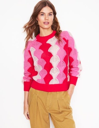 BODEN Alice Fluffy Raglan Jumper in Poppy Red / Chalk / Tickled Pink ~ women’s bright patterned jumpers