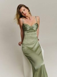 Reformation Stormi Satin Dress in Artichoke / smooth silky green evening dresses / sleeveless ruched bust occasion gown