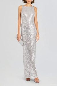 Retrofete Asha Sequin Dress in White Silver / shimmering sequinned maxi occasion dresses / glamorous sequined evening event gown