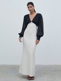 PRETTY LAVISH Ayla Contrast Maxi Dress in Black and White | monochrome balloon sleeve plunge front occasion dresses | plunging neckline evening clothes