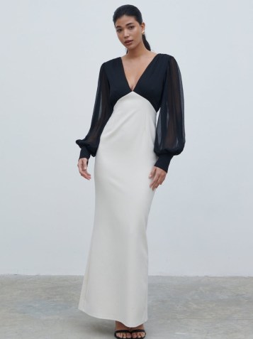 PRETTY LAVISH Ayla Contrast Maxi Dress in Black and White | monochrome balloon sleeve plunge front occasion dresses | plunging neckline evening clothes