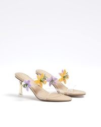 River Island Beige Flower Trim Heeled Perspex Sandals / floral occasion mules