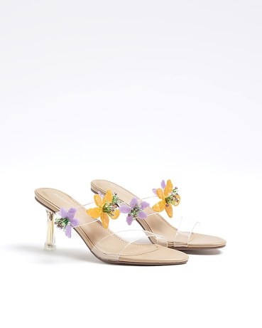 River Island Beige Flower Trim Heeled Perspex Sandals / floral occasion mules