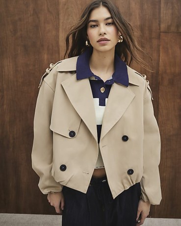 River Island Beige Short Bubble Hem Trench Coat | women’s cropped coats | womens relaxed gathered hemline jacket