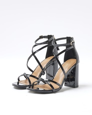 River Island Black Faux Leather Strappy Heeled Sandals – glossy block heels