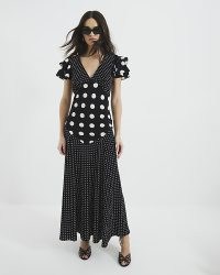 River Island Black Sleeveless Spot Mix Ruffle Maxi Dress / ruffled sleeve polka dot print dresses