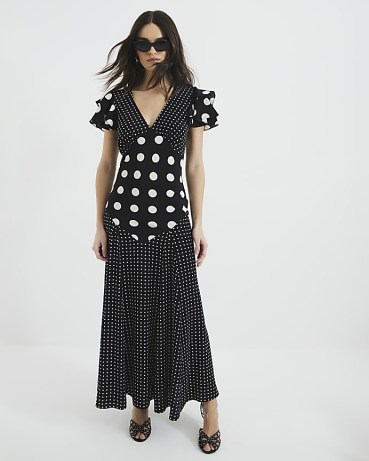 River Island Black Sleeveless Spot Mix Ruffle Maxi Dress / ruffled sleeve polka dot print dresses