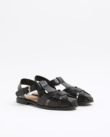 River Island Black Wide Fit Faux Leather Fisherman Sandals – women’s flat caged sandal – cut out flats – womens buckled shoes