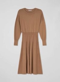 L.K. BENNETT Blakely Camel Viscose Blend 2-In-1 Ottoman Skirt Knit Dress ~ chic light brown winter midi dresses