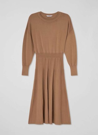 L.K. BENNETT Blakely Camel Viscose Blend 2-In-1 Ottoman Skirt Knit Dress ~ chic light brown winter midi dresses