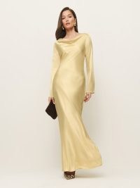 Reformation Ciana Satin Dress in Blonde / luxe evening event fashion / silky long sleeve occasion maxi dresses