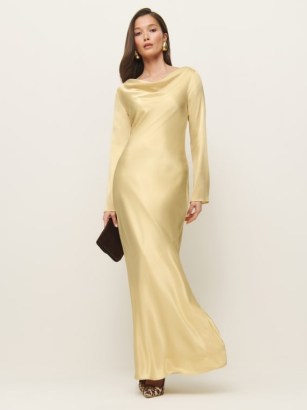 Reformation Ciana Satin Dress in Blonde / luxe evening event fashion / silky long sleeve occasion maxi dresses