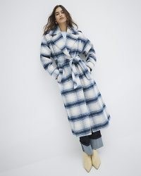 River Island Blue Check Belted Coat / longline tie waist checked coats