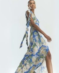 River Island Blue Floral Ruffle Slip Maxi Dress / ruffled evening dresses with asymmetric shoulder detail