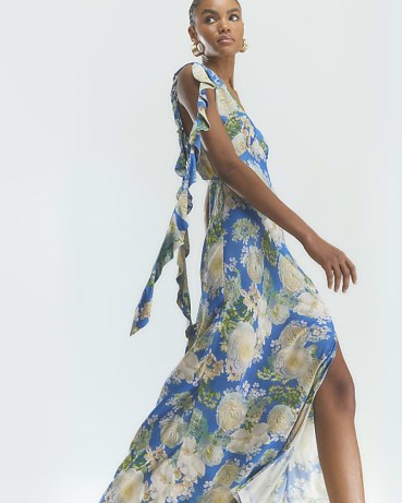 River Island Blue Floral Ruffle Slip Maxi Dress / ruffled evening dresses with asymmetric shoulder detail