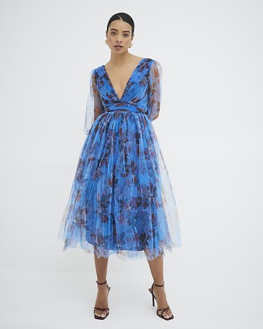 River Island Blue Long Sleeve Floral Tiered Maxi Dress / sheer net overlay prom dresses / fit and flare with plunging neckline