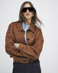 River Island Brown Faux Suede Cropped Overshirt – women’s crop hem overshirts