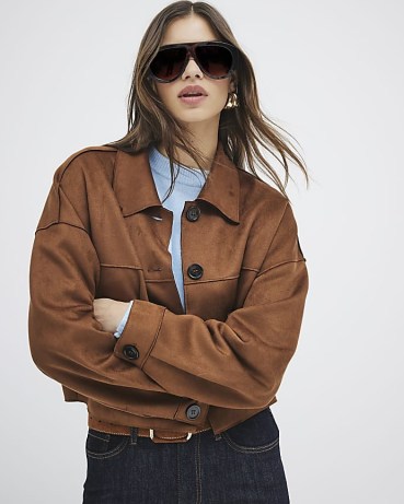 River Island Brown Faux Suede Cropped Overshirt – women’s crop hem overshirts