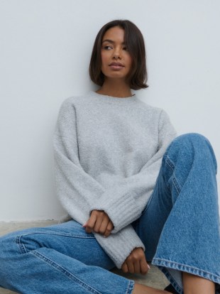 PRETTY LAVISH Camille Oversized Borg Jumper in Grey | luxe textured knit jumpers | women’s deep cuff drop shoulder sweater | womens luxury crew neck sweaters