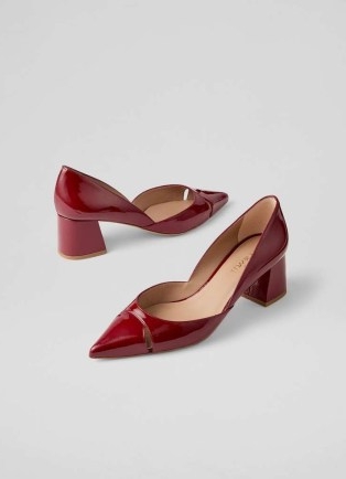 L.K. BENNETT Cecile Red Patent Cut Out Block Heel Court ~ chic glossy cutout courts ~ women’s chunky heeled leather shoes