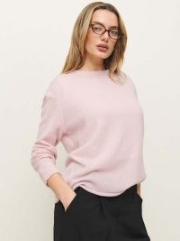 Reformation Cashmere Boyfriend Sweater 95% Recycled Cashmere in Cherry Blossom | women’s light pink sustainable sweaters | luxe semi sheer jumper