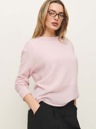 Reformation Cashmere Boyfriend Sweater 95% Recycled Cashmere in Cherry Blossom | women’s light pink sustainable sweaters | luxe semi sheer jumper