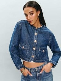 Reformation Braxton Denim Jacket in Cleary | women’s blue cropped collarless slin fit jackets