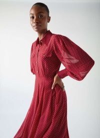 L.K. BENNETT Cody Red Polka Dot Print Pocket Shirt Dress / semi sheer blouson sleeve collared dresses