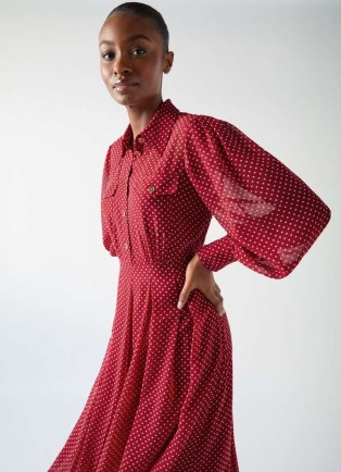 L.K. BENNETT Cody Red Polka Dot Print Pocket Shirt Dress / semi sheer blouson sleeve collared dresses