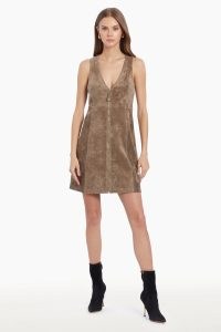 AMANDA UPRICHARD Collins Dress in Taupe ~ sleeveless brown faux suede plunge front mini dresses