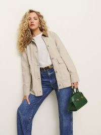 Reformation Archer Denim Jacket in Coyote | women’s casual collared button up relaxed fit jackets