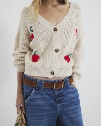 River Island Cream Long Sleeve Strawberry Knit Cardigan / women’s fruit patterned cardigans