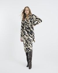 River Island Cream Long Sleeve Tie Zebra Midi Shirt Dress / monochrome animal print dresses