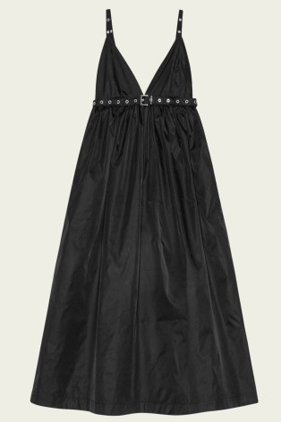 GANNI Duchesse Nylon Strap Dress in Black | sleeveless plunge front empire waist fit and flare dresses