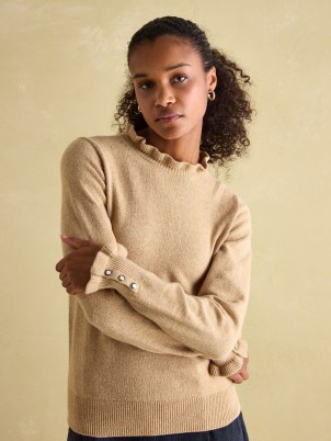 JOULES Edith Oat Frill Neck Jumper / women’s frilled trim jumpers / ruffled high neck sweater