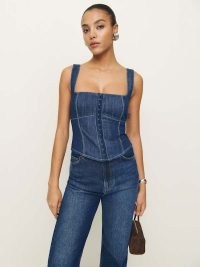 Reformation Tagliatelle Denim Top in Ellis | blue sleeveless fitted tops | women’s organic cotton fashion |